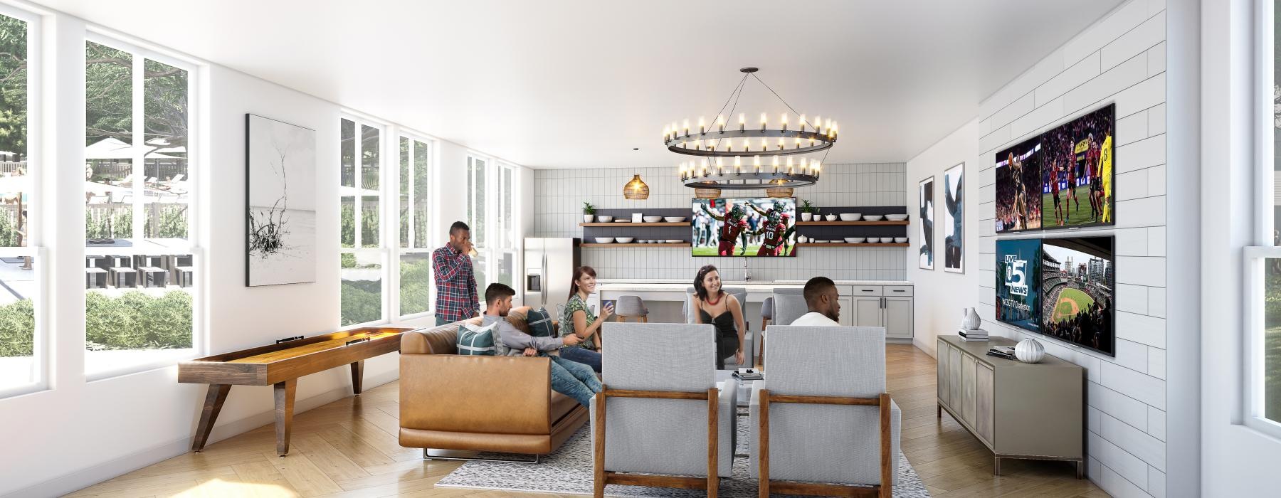 a group of people in a living room